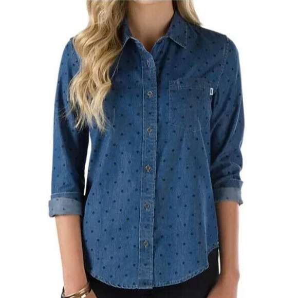VANS Shirt Womens S Small Indigo Polka Dot Denim So Rowdy Droptail Spread Collar - Picture 11 of 13